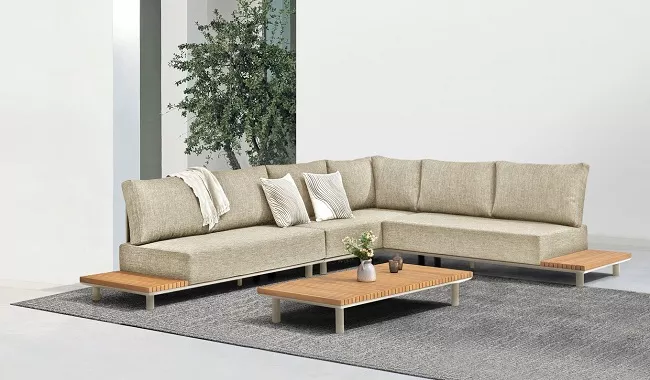 Бежевый угловой комплект из алюминия с тиком для дачи Бежевый угловой комплект из алюминия с тиком для дачи