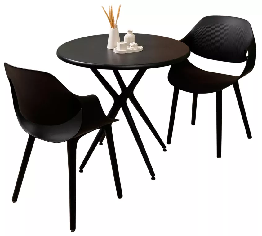 Черная пластиковая мебель стол и стулья с подлокотниками