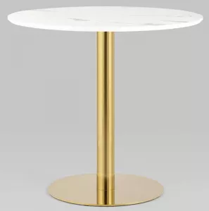 Круглый стол с золотым подстольем D80, белый мрамор стекло