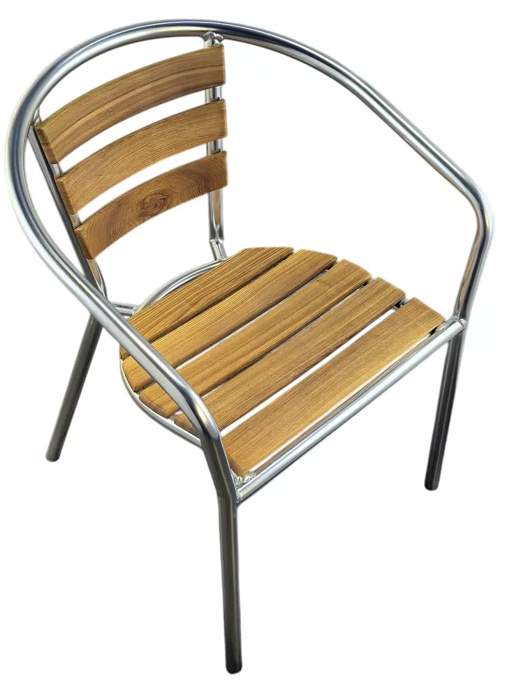 Алюминиевые стопируемые стулья с деревянным сиденьем и спинкой Алюминиевые стопируемые стулья с деревянным сиденьем и спинкой